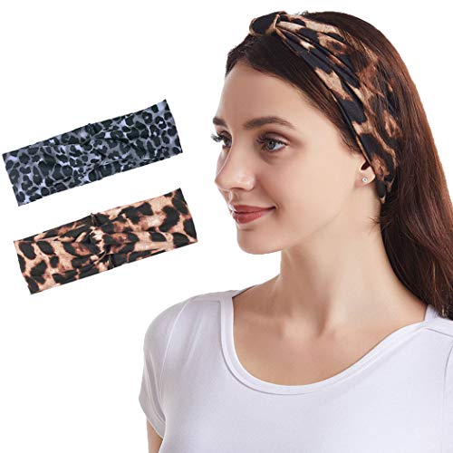 Reetan Yoga Wide Headbands with Leopard Criss Cross Sweat Hair Bands Black Elastic Outdoor Head Wraps Sports Sweatband Headwear for Women and Girls（Pack of 2)