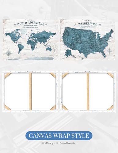 Image of IPIC - Vintage World and USA Push Pin Travel Map Set of 2 on Canvas, Large World Maps for Wall and US Map for Travel Tracking, Wall Art for Travelers and Home Decor, Made in USA