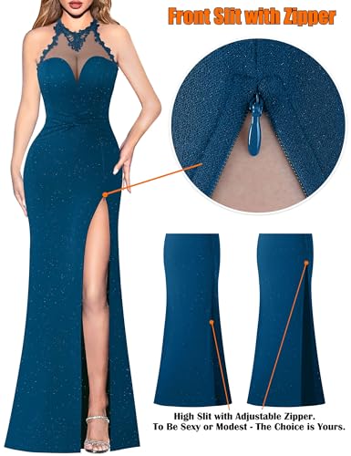 Image of VFSHOW Womens Formal Halter Keyhole Back Prom Gala Maxi Dress Evening Gown | Sexy Illusion Sweetheart Neck, High Slit, Wedding Guest, Applique, Twist Front Mermaid Dresses