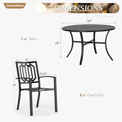 Image of Sophia & William Round Patio Table and Chairs Set, Outdoor Dining Set for 6 | 7 Piece Metal Patio Furniture, 54 inch Black Table,For Patio, Garden and Yard