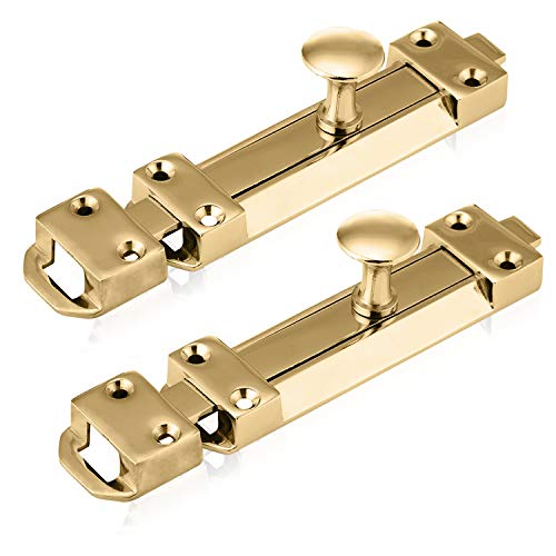 XFORT® 2 Pack Polished Brass Door Bolt, Surface Mounted Sliding Door Lock, Durable Door Lock Bolts Ideal for Securing Internal Doors for Bedrooms, Bathrooms, Cupboards and Storage Units (100mm)