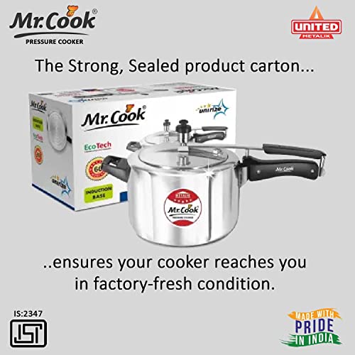 Image of MR COOK By United Metalik Eco Tech Induction Base Aluminium Pressure Cooker with Inner Lid, 5 Litre (Silver)