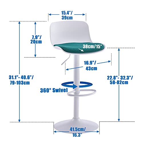 Younike Barstools Set Of 2 White Modern Counter Height Stool With Peacock Green Velvet Padded Seat, Adjustable Swivel Bar Stools With Back For Bar Counter And Kitchen Island #TOP1