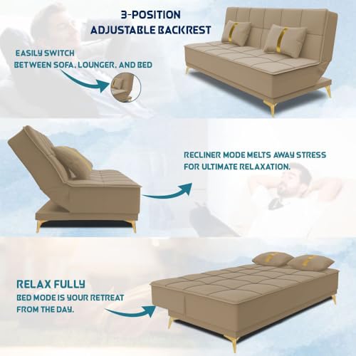 Image of Adorn India Premium New Alyssum 3 Seater Sofa Cum Bed 4X6 Velvet Suede with 2 Cushions (Color Beige) and Suitable for All Indoor, with 3 Years Warranty