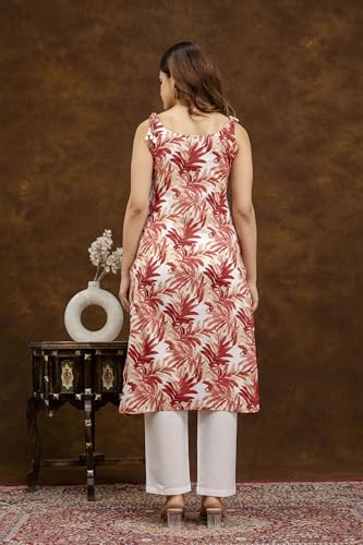 Image of Women Floral Printed Sleeveless Round Neck Pure Cotton Straight Kurti