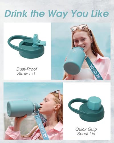 Image of Coolflask Insulated Water Bottle 64 oz with Straw, Half Gallon Large Water Jug with Straw & Spout Lids, Vacuum Stainless Steel Metal Flask, Keep Cold 48h Hot 24h, Leak Proof & Non-BPA, Agate Green