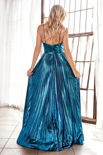 Metallic Prom Dresses for Women Spaghetti Straps Formal Dress with Slit Sparkly Satin Evening Gown2