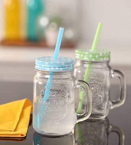 Image of Glass Mason Jar with Handle, Lid & Straw | 450ml Transparent Glass Mug for Juice, Milkshake, Smoothie & Mocktail | Leakproof BPA-Free Party Jar for Kitchen & Outdoor Use (PACK OF 1) (Multicolor)