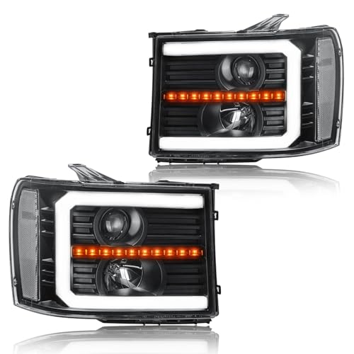 DimFlux LED DRL Headlight Assembly Fit 2007-2013 GMC Sierra 1500/2007-2014 GMC Sierra 2500 3500 (NOT Fit 2007 Classic Styles) Projector Headlights Left Right Side Black Housing Clear Reflector