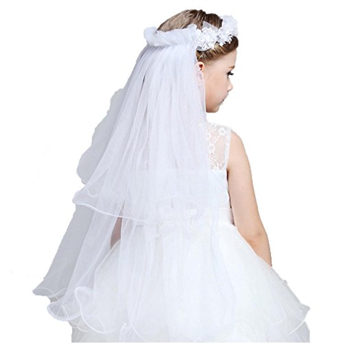 VWH Girls Lace Veil Children Flower Headdress Kids Hair Bow Decoration Accessories (White)