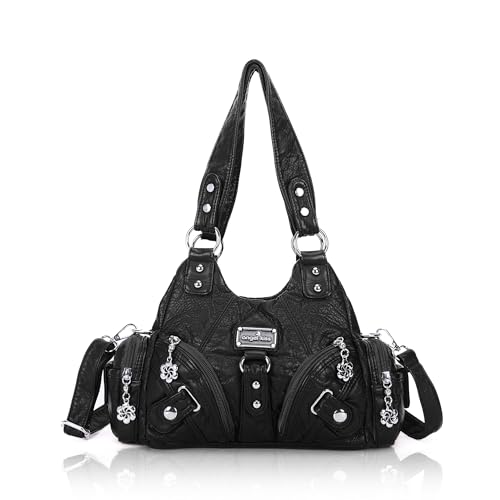 Angel Kiss Purses for Women Small Hobo Shoulder Bags Vagen Leather Multi-Pocket Tote Bag with Zipper (Black)