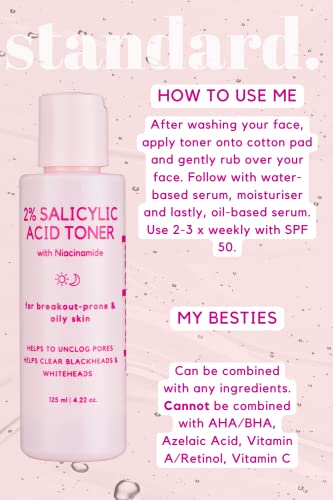 Standard Beauty Bha Salicylic Acid 2% Toner With Niacinamide And Gingko Biloba Extract, Skin/Facial Exfoliant For Blackheads & Whiteheads, Unclogs Pores, Soothing & Hydrating Skin, 4.2 Oz Bottle #TOP6