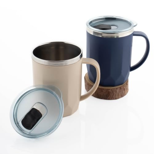 Image of MAGIC SPOON Stainless Steel Travel Coffee Mug with Sipper Lid & Handle, Insulated Tea Cup, BPA-Free Double Wall Tumbler for Hot-Cold Beverages, Office, Home, Car- Beige-Navy, (Combo Pack (400ml X 2))