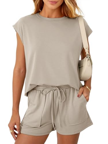 REORIA Damen Rundhalsausschnitt Jogginganzug Kurzarm Zweiteiler Trainingsanzug Hausanzug Sport Set Elegantes Outfit Lounge Set Khaki L