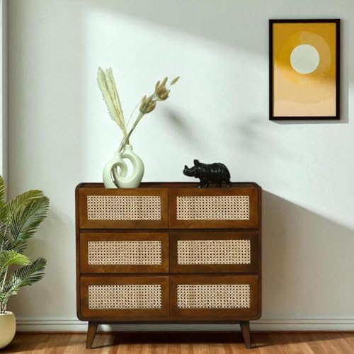 Image of Solid Wood & Cane Concerto Chest of Drawers | 6-Drawer Wooden Storage Dresser | Walnut Brown Finish