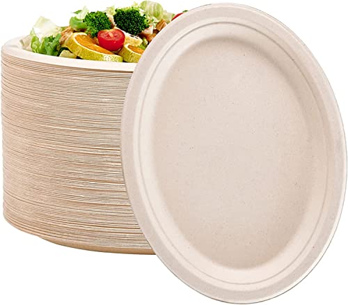 50 x Disposable Oval Paper Plates [10 x 12 Inch] Large Heavy Duty Strong Party Plates for Hot Food Reusable Sturdy Super Rigid Takeaway Bagasse Sugar Cane for Weddings, Christmas