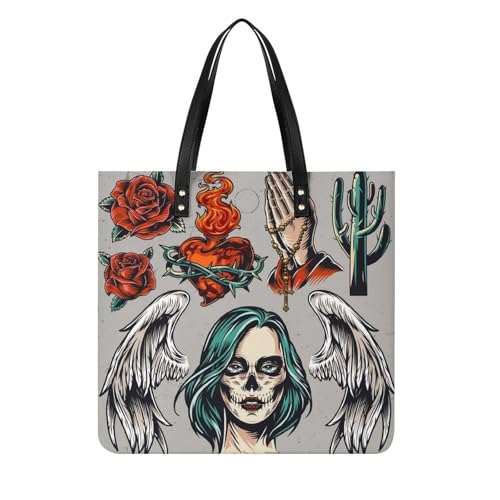 Sac à main femme crâne rose grand tote bag en tissu imprimé 39x39cm