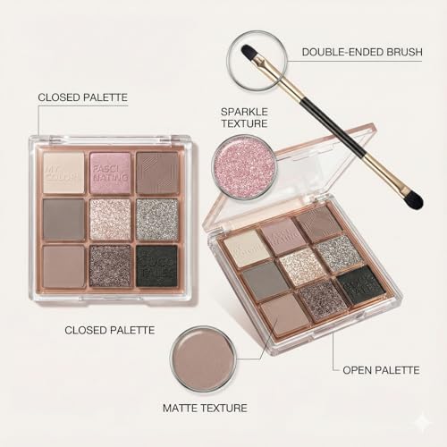 9 Colors Smoky Nude Eyeshadow Palette - Cool Toned Matte & Glitter Eye Shadow Makeup, Highly Pigmented Silver Grey Taupe Black Shades, Long Lasting Waterproof Shimmer Palette for Daily & Party - Image 4