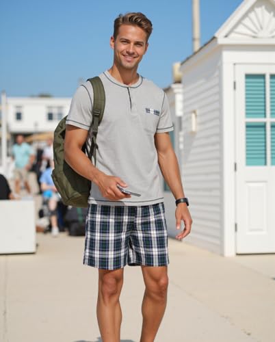 Sykooria Men's Pajama Sets Cotton Loungewear Pjs Shorts Sets 2 Piece Short Sleeve Sleepwear With Pockets4