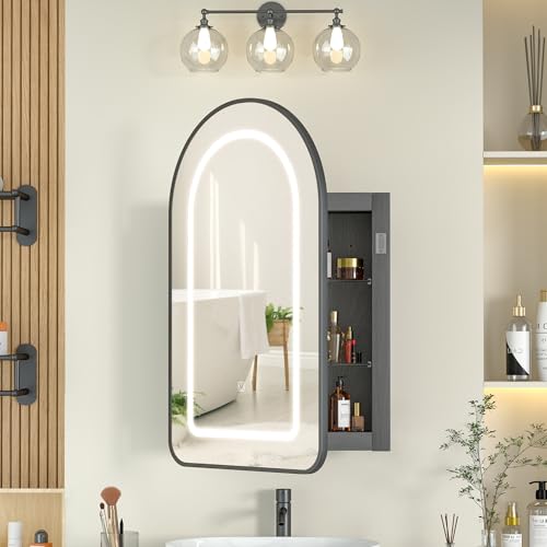 Mepplzian Bogen Spiegelschrank Bad mit Beleuchtung, Spiegelschrank Bad Bogen, 3-Farbiger LED-Badschrank Hängend, Drahtziehverfahren schwarzer Einbau, 68 x 42cm