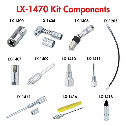 Lumax LX-1470 Silver Lubrication Accessory Kit, 11-Piece. Kit Contains 11 of Lumax’s Most Popular lube Accessories. Organize and Store in Convenient Storage case.