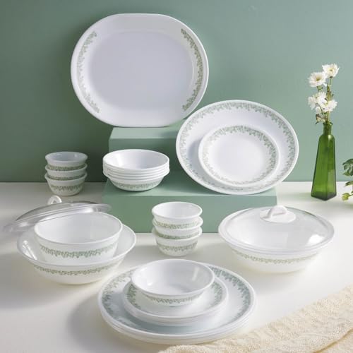 Image of CORELLE Spring Blossom Mint 12 Pcs Dinner Set for Family of 4 | Plates, Bowls for Dining| Vitrelle 3 Layer Glass| Lightweight Non-Porous Surface Crockery| 1-Year Warranty on Chip, Break & Scratch