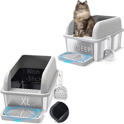 8" Deep & Non-sticky Coated Stainless Steel Cat Litter Box with Lid Extra Large Litter Box for Big Cats XL Metal Litter Pan Tray with High Wall Sides Enclosure, Non-Sticky, Anti-Leakage, Easy Cleaning Cover