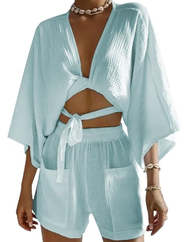 2 Pieces Summer Outfits for Women,Casual Beach Twist Resort Wear,Vacation Swim Cover Up Lounge Sets