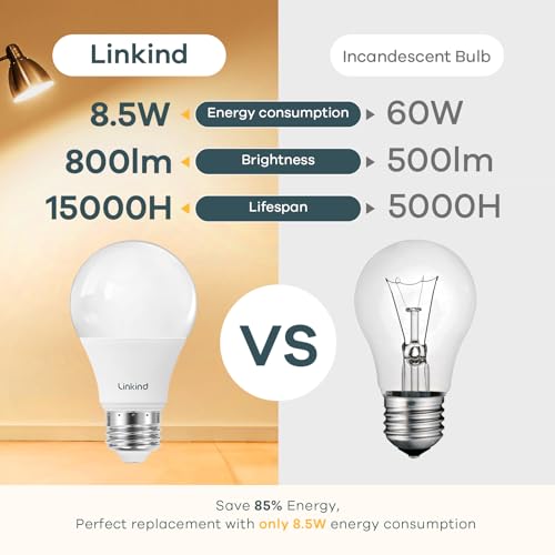 linkind a19 led light bulb 60w equivalent 2700k soft white light bulbs 800 lumens 85w non-dimmable led bulbs e26 standard base energy efficient for bedroom home office 6 packs