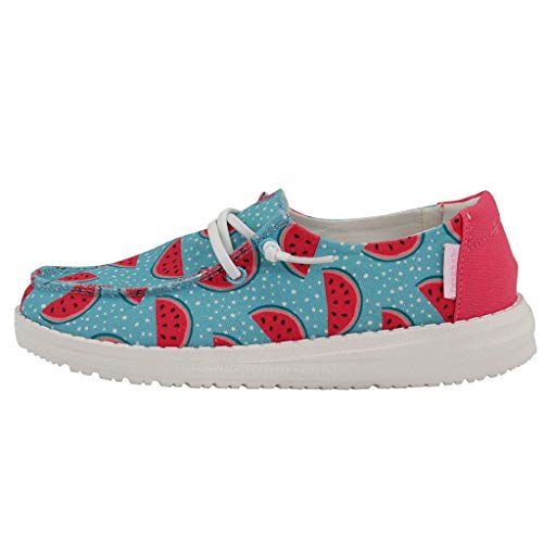 Image of HEYDUDE Girl's Wendy Youth Azur Watermelon Size 4 | Girl's Shoes | Girl's Lace Up Loafers | Comfortable & Light-Weight