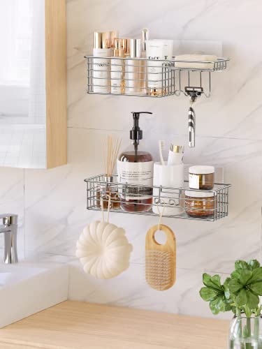 Smartake 2-Pack Shower Caddy, Combined Bathroom Shelf With Soap Dish And Hooks For Hanging Razor Brush Sponge, Wall Mounted Rustproof Basket With Adhesive, No Drilling, 304 Stainless Steel, Silver #TOP1