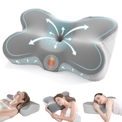 JOLLYVOGUE Cervical Neck Pillow for Pain Relief Memory Foam Side Sleeper Pillow with Cooling Pillowcase, Ergonomic Design for Back Stomach Sleepers, Large, Grey