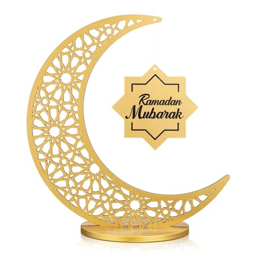 DoubleFill Golden Wooden Ramadan Table Centerpiece Crescent Moon Hollow Star Ornament for Ramadan Decor Islamic Gifts