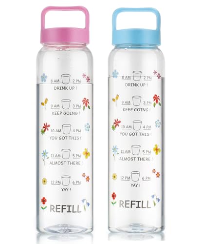 Clazkit Plastic Motivational 1000ml Water Bottle Blue & Pink - Time Markers & Inspirational Slogans Mentioned Encourages More Water Intake, Easy-to-Ca