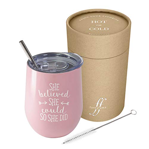 Fancyfams She Believed She Could So She Did - 12 Oz Stainless Steel Stemless Wine Tumbler With Lid And Straw – Congratulations, Graduation, Promotion, Going Away, Job Change, Congrats Gift (Pink) #TOP5