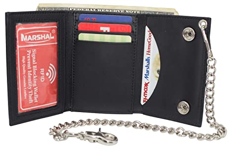 MARSHAL Motorcycle Men's Flames RFID Blocking Tri-Fold Genuine Leather Biker Chain Wallet, Black (Flames)2