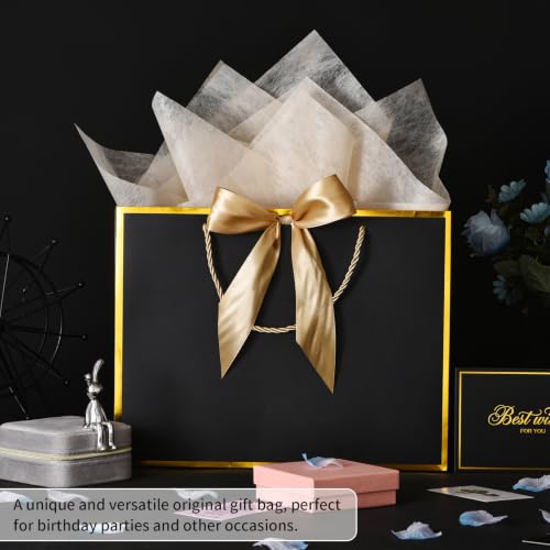 Image of Powbrace 13 inch Medium Black Gift Bag Set with Handle - 2 Bags Featuring Bows, 4 Tissues, and 2 Greeting Cards for Wedding, Baby Shower, Father's Day, Mother's Day, Birthday Party