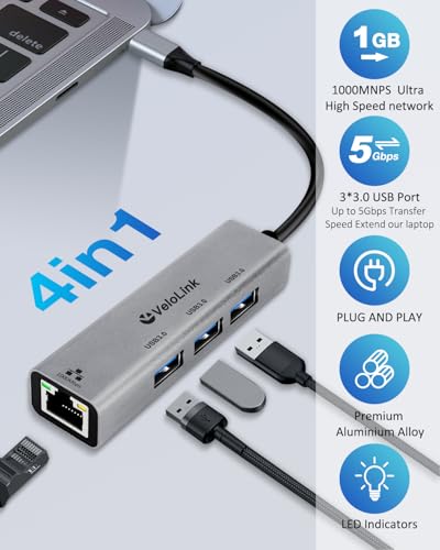Image of USB ethernet Adapter, USB 3.0 hub with rj45,4-in-1 3.0 Hub with Gigabit Ethernet Adapter, Gigabit Ethernet to USB Adapter for Laptop,PC, MacBook Pro, iPad Pro,and More Type A Laptops