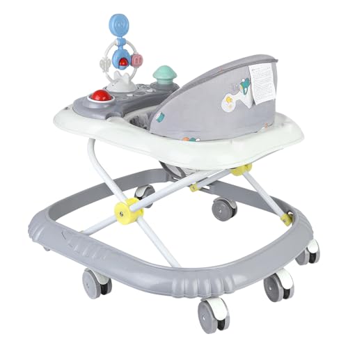 Trotteur Bébé 4-en-1 Gris avec fonction pousseur, Marchette Evolutif Bébé avec Boîte à Musique et Lumières, Coussin de Siège...