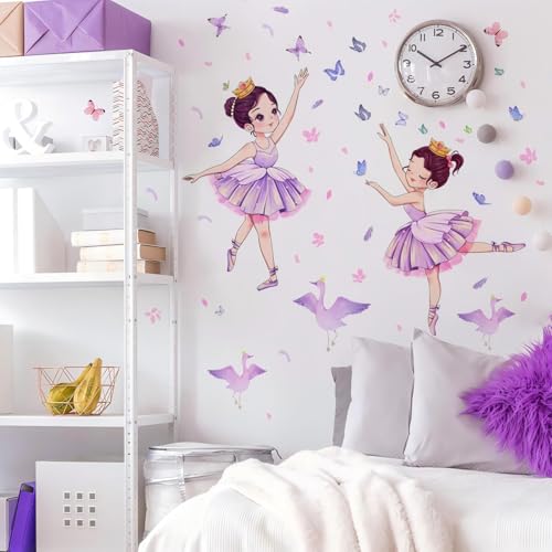 Butterfly Girl Wall Stickers,Swans Flower Princess Wall Decal,Pink Floral Wall Mural Colorful Butterflies Wall Decor - Image 3