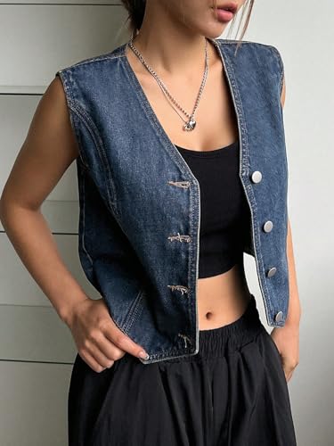 OYOANGLE Women's Denim Vest Button Down Sleeveless V Neck Jean Waistcoat Jackets4