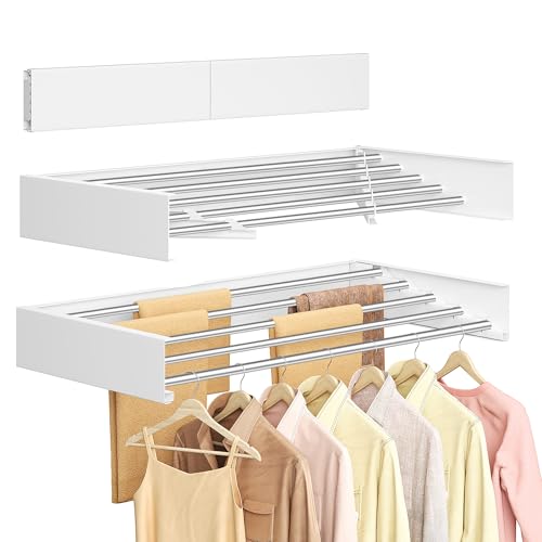 SONGMICS Étendoir à Linge Mural Rabattable, Longueur 80 cm, 5 Barres en Alliage d'Aluminium, Séchoir Pliable, Gabarit de Perçage, Gain de Place, Intérieur, Extérieur, Buanderie, Blanc Mat LLR809WE01