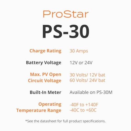 Image of Morningstar ProStar 30A PWM Solar Charge Controller, Panel Regulator, PS-30 | LCD display, MODBUS networking, LVD, lighting control, 12V /24V LA /Lithium compatible, HazLoc rated, surge protection