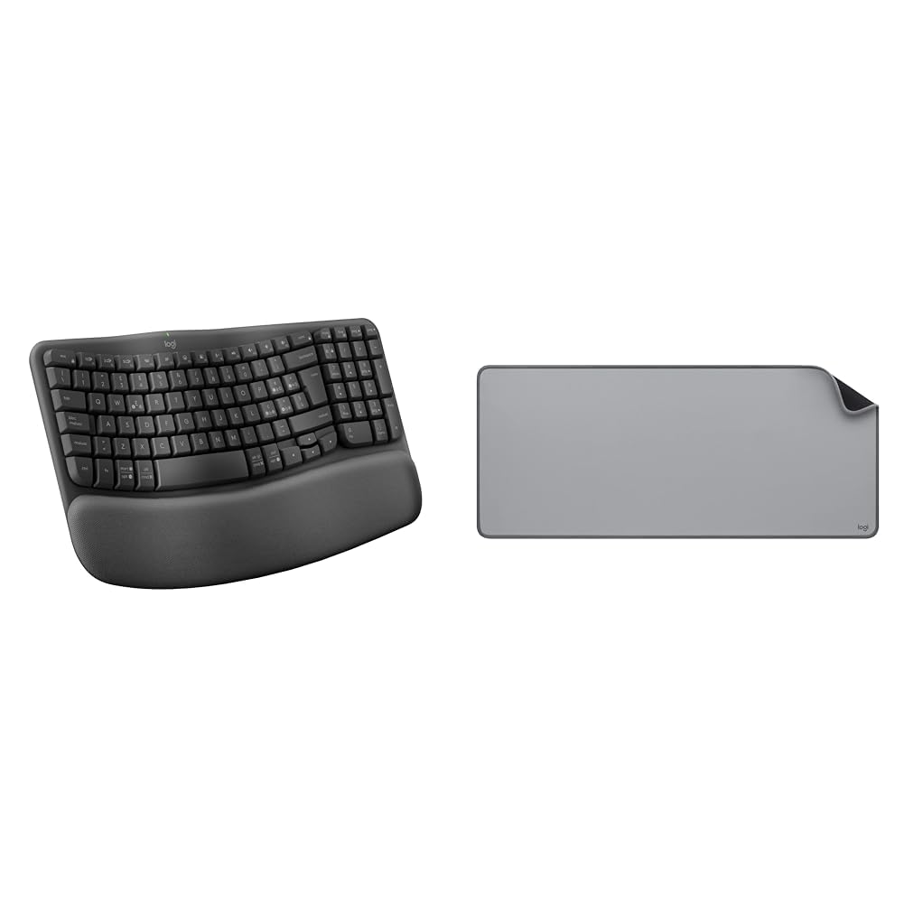 Logitech Wave Keys Tastiera Wireless Ergonomica con Supporto per i Polsi Imbottito & Desk Mat - Studio Series, Multifunzione, Tappetino per Mouse Esteso