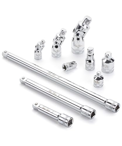 Bates- Socket Accessory Set 10 pcs Silver 3/8 Extension Set 1/4 3/8 & 1/2 Drive Universal Joints & Socket Adapter Set 3/8 Extension Set