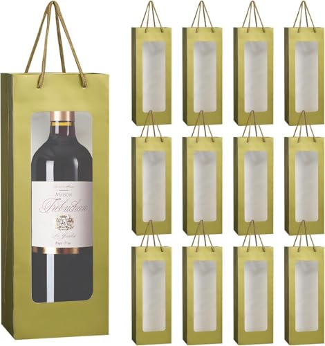 DIFEIUKI ワインバッグ 透明窓付き 12枚セット 1本用 ワイン用紙袋 手提げ クラフト 無地 シャンパン 焼酎 日本酒 お土産 包装 ラッピング用紙袋 クリスマス 新年 業務用 ボトルバッグ