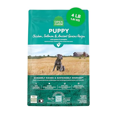Open Farm, Ancient Grains Dry Dog Food for Puppies, Protein-Rich & Nutrient Dense, 90% Animal Protein Mixed with Non-GMO Fruits, Veggies and Superfoods, Chicken & Salmon Recipe for Puppy, 4lb Bag