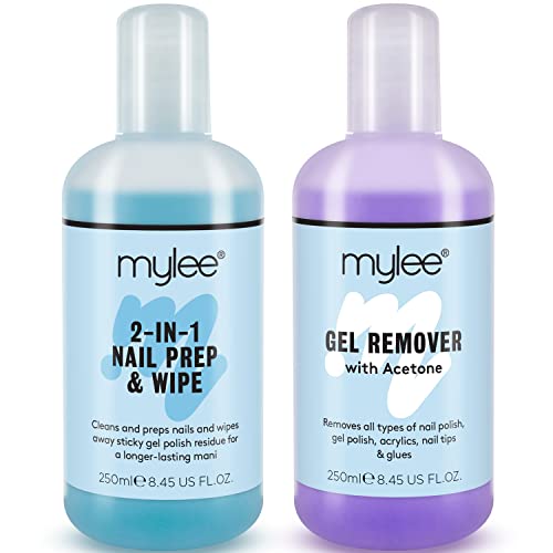 Mylee Prép et nettoyant + Dissolvant qualité salon, Manucure et pédicure avec systèmes UV LED, Dissolvant professionnel à l’acétone pour tout type d’ongles, Double usage pour nettoyer l’ongle et enlever la couche adhésive 2x250ml