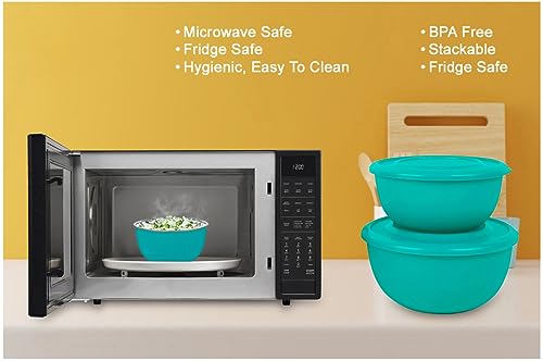 Image of Zaib Stainless Steel Microwave Safe Mixing Bowl Set of 6 with Lids (2 x 3) | 500ml, 800ml & 1250ml Storage Bowls (Classic Turquoise & Sand Brown)