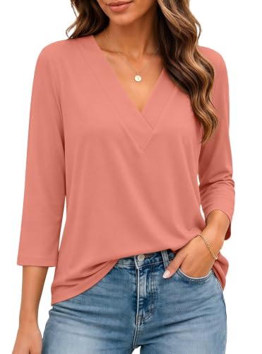 Bliwov Womens 3/4 Sleeve V Neck Tops Loose Fit T Shirts Casual Blouses